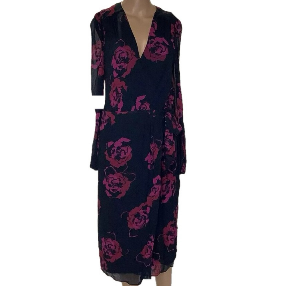 NEW BROOKS BROTHERS Women's Dress Rose Wrap Chiffon Size 12 Navy/Pink
